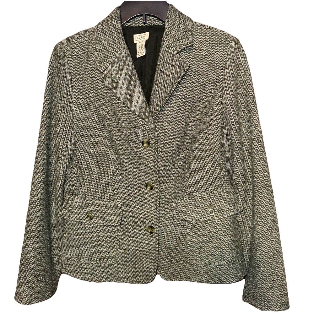 LL Bean Blazer Jacket Women Medium Regular Green Tweed Wool Silk Blend